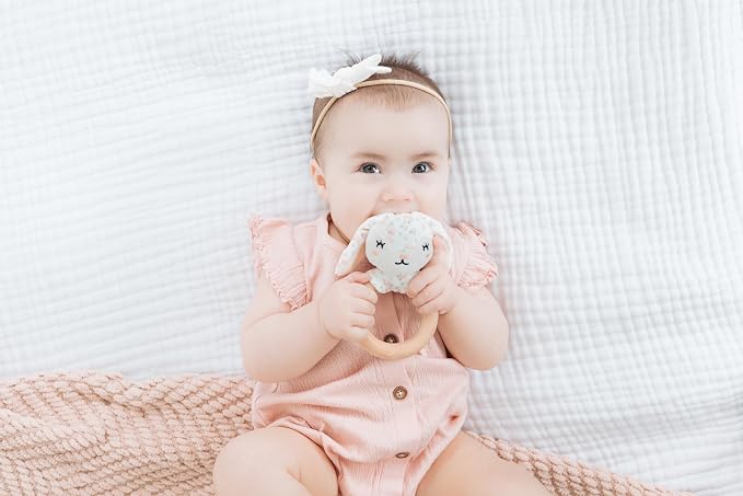 Pearhead Bunny Wooden Baby Teether – Soft Plush Lovey with Floppy Ears & Natural Wood Rattle Ring, BPA-Free, Soothes Infant Gums, Multi-Sensory Newborn Essential for Girls, Pink Floral, 0+ Months