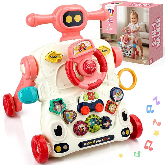 TOY Life Baby Push Walker, Activity Center Baby Girl Walker Toy with Steering Wheels, Sit to Stand Learning Walker Baby Toys 6-12 Months, Walking Toys for 1 Year Old Girl Boy Toddler