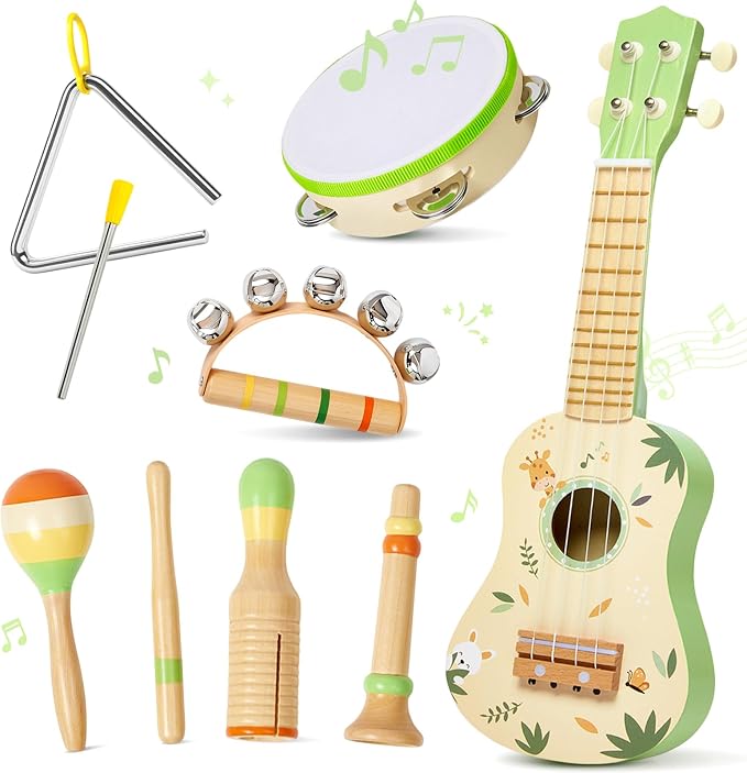 Toddler Guitar Set, 7-in-1 Wooden Baby Musical Instruments Band Includes 17" Ukulele, Maracas, Drum, Trumpet & More - Perfect Toy for Kids Ages 1-5, Ideal Gift for First Birthday Christmas