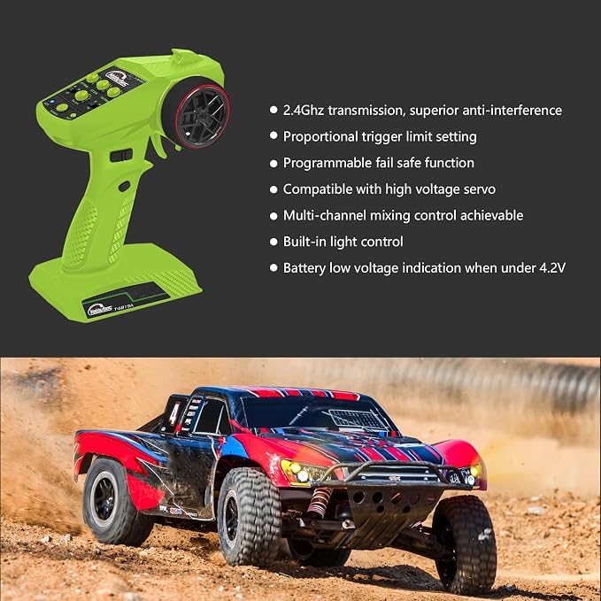 RC Radio System 4CH 2.4G RC Transmitter with Receiver and Lanyard Anti-Jamming Remote Controller for RC Car Crawler Boat, Green & Black