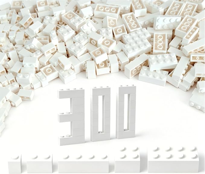 300Pcs Building Brick Bulk, White Bulk Bricks with 5 Sizes, Compatible with Lego and Parts and Pieces, Creative Halloween Christmas Building Block Toys for Boys Girls Ages 6 7 8 9 10 Years Old