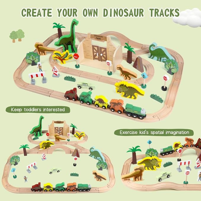 Wooden Train Set, Dinosaur Toys for Kids 3-5, Compatible with Major Brands, Dinosaur Train, Ideal Wooden Dinosaur Train Track Set for 3 4 5 6 7 8 Year Old Kids Boy Girl
