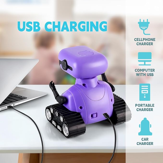 Playsheek Rechargeable Emo Robot with Auto-Demonstration - Remote Control Smart Robot Toy Gift for Kids Age 3+ - Purple