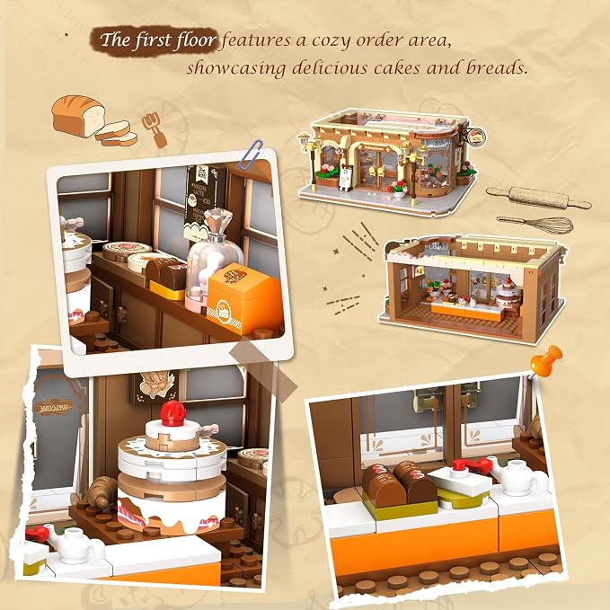 INSOON City Bakery Cafe House Building Set with Light, 1289 PCS Baking Shop Building Block Toy with Coffee Cake Bread Bakery Room, Pastry Construction Model for Adults Teens Kids Boys Girls Ages 8-12+
