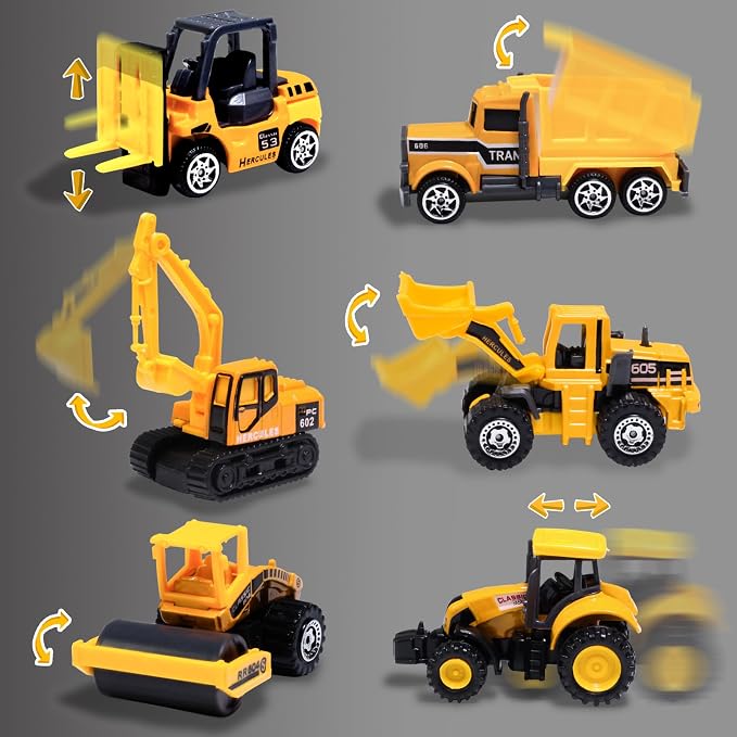 Oriate Construction 6PCS/Set diecast car, Including bulldozers, Forklift, Excavator & Other Educational Indoor & Outdoor Toy Cars, mini car Models for Boys and Girls 3 Years Old Birthday Easter Gifts