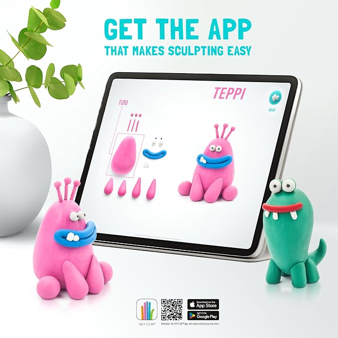 HEY CLAY Colorful Modeling Air Dry Clay for Kids 6 cans with Fun Interactive Instructions App - Kids Activities Age 3+ (Monsters: Hipster, Bigwig, Donut)