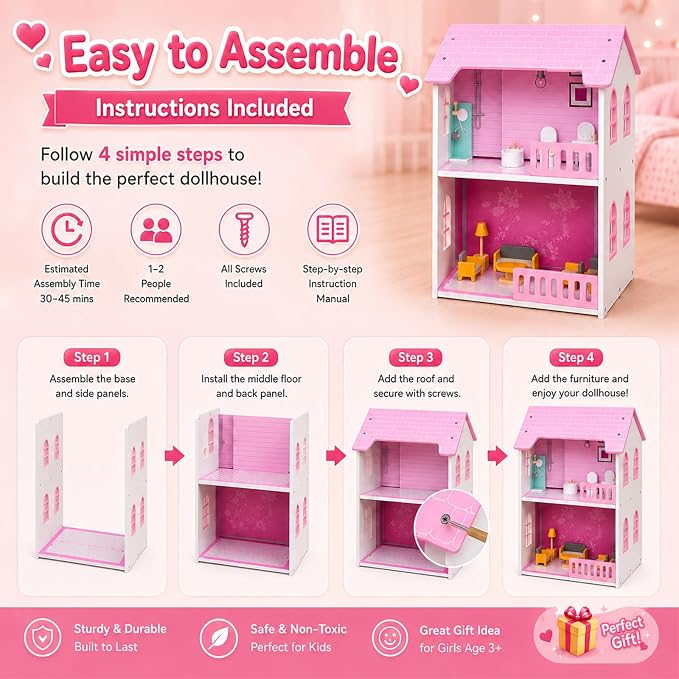 Doll House, Wooden Dollhouse for Girls, Two-Storey Pink Doll House with Furniture, Four Rooms, Pretend Play Toy, Creative Gift for Girls Aged 3+, Birthday Gift for Toddlers and Kids