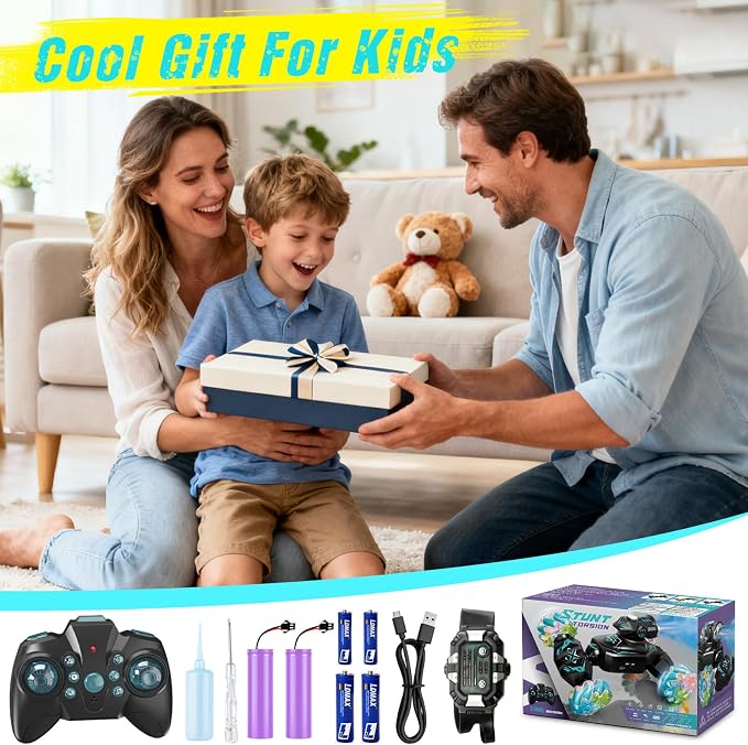 Gesture Sensing Remote Control Car, RC Cars Toys for Boys Age 6-12, 4WD Hand Controlled Twist & Transform 360° Spins Stunt Car with Mist, Light & Music, 8-10 Year Old Boys Birthday Gift Blue