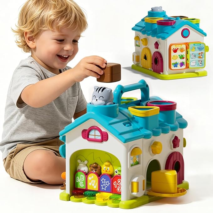 Baby Montessori Toys for 1-2 Year Old Boys Girls, 20-in-1 Musical Educational Activity House with 4 Shape Blocks, Fine Motor Sensory Toy for Toddlers 1-3, First Birthday Gift for 1 Year Old Boy Girl