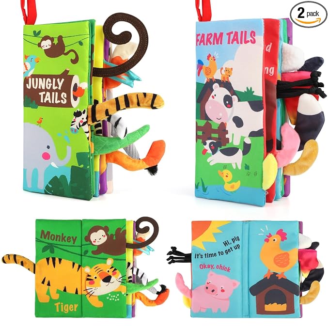 beiens Baby Books 0-6 Months, 2PCS Baby Toys 0-3-6-12-18 Months, Touch Feel Sensory Cloth Crinkle Soft Books, Tummy Time Stroller Infant Newborn Toys, Boy Girl Shower Gifts