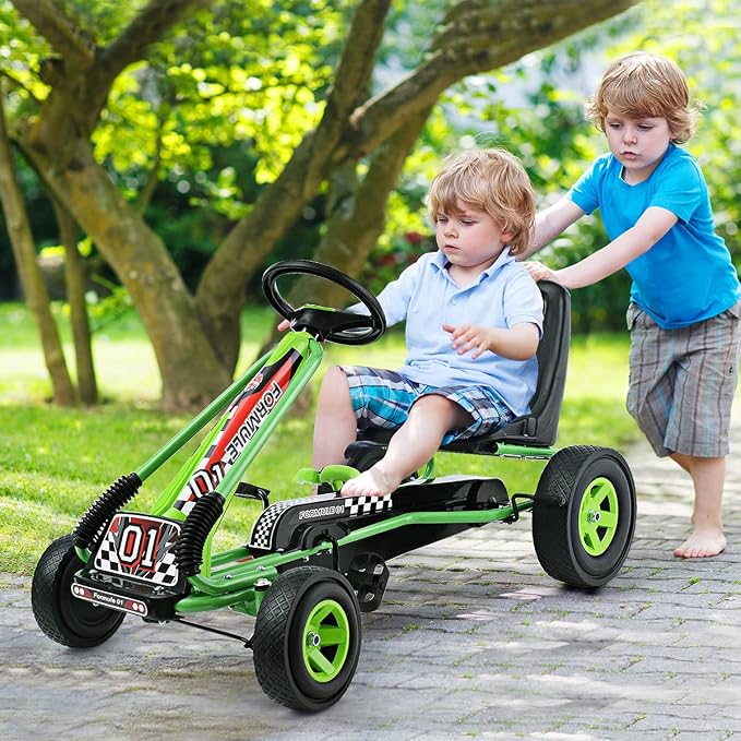 Costzon Go Kart for Kids, 4 Wheel Off-Road Pedal Go Cart w/Adjustable Seat, 2 Safety Brakes, EVA Rubber Tires, Ride-On Toys for Boys Girls, Outdoor Racer Pedal Car (Green, 40" L x 24''W x 24.5''H)
