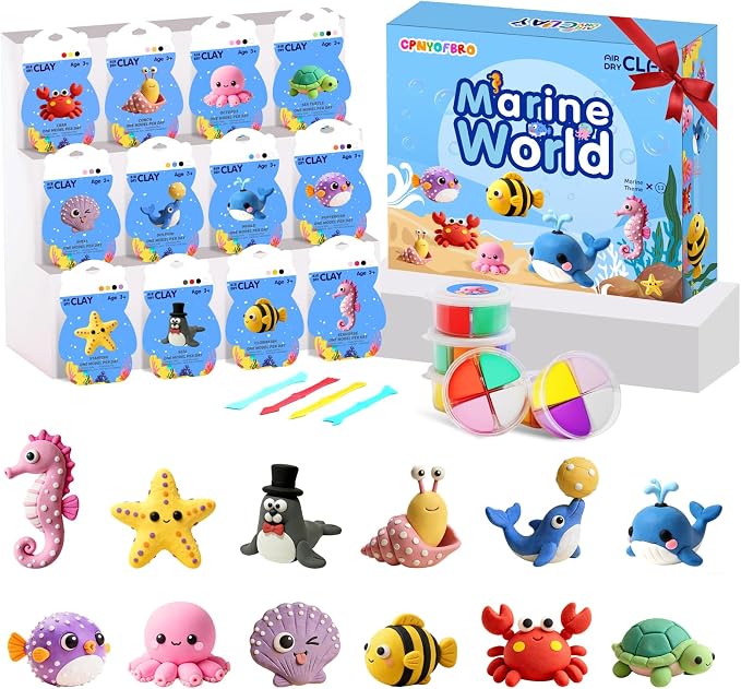 Air Dry Clay Kit - 12 Marine Animal Modeling Clay for Kids, Complete DIY Clay Craft Set with Sculpting Tools & Step-by-Step Tutorials, Ultra Soft & Non-Sticky Clay, Children's Day Gift Ideas