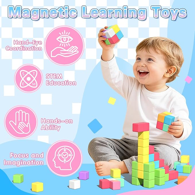 Apluses Magnetic Blocks Building Toys for 3+ Year Old Boys Girls | 1 inch, PP Plastic, Candy colors, 81pcs
