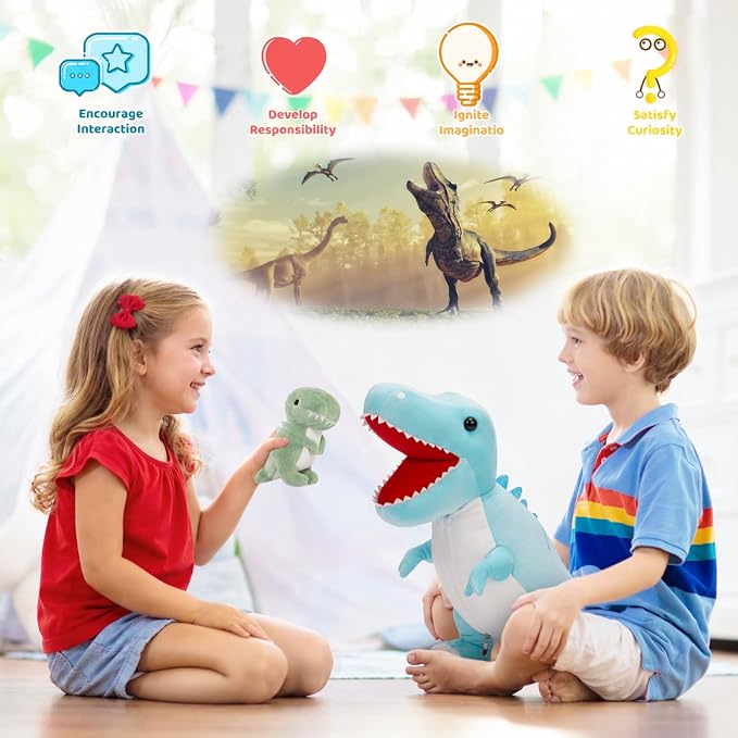 MorisMos Dinosaur Stuffed Animal with Babies,23.6'' Big Mommy Stuffed Dino T-rex with 3 Baby Dino Stuffed Toys & 3 Eggs Plush Inside Belly, Boy Girl Dinosaur Toys for Kid 3-5,Blue T-rex Toys Gift