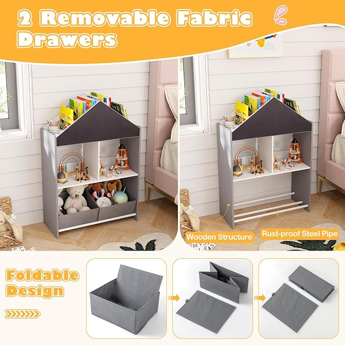 Costzon Kids Bookshelf, Wooden Dollhouse Bookcase with Blackboard, Whiteboard, Toddler Book Shelf with Cubby & 2 Fabric Bins, Toy Storage Organizer for Kids Room, Playroom, Nursery (Gray)