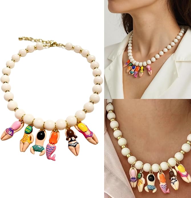 Creative Handmade Bead Bikinis Doll Pendant Necklace With Colorful Glass Beads for Beach Parties Accessories
