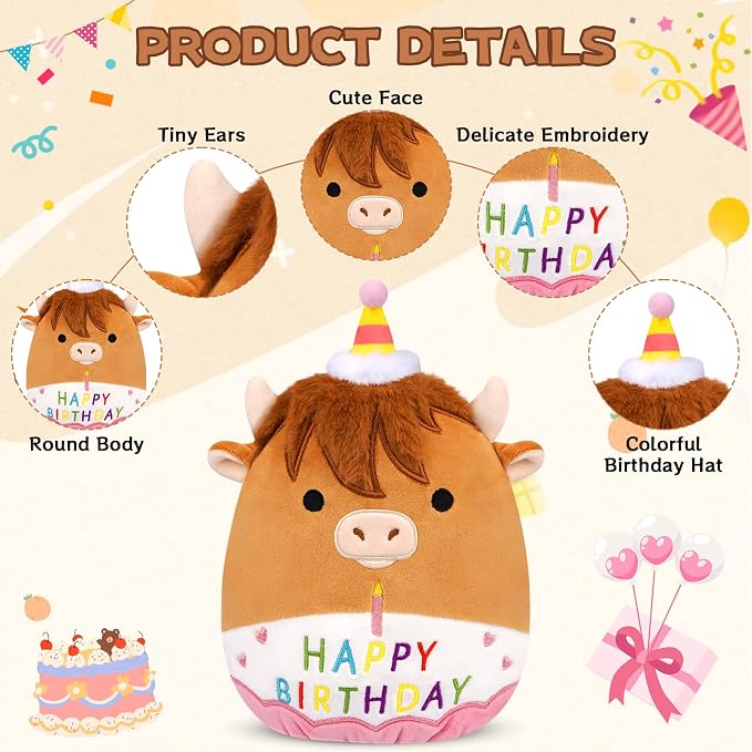 Birthday Highland Cow Plush Toy- 9inch Cute Birthday Highland Cow Stuffed Animal Pillows Toys, Soft Cow Stuffy Gifts Party Decoration for Kids Girls Boys