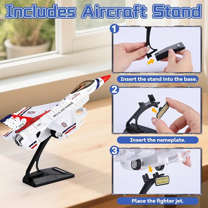 Crelloci Diecast Metal Alloy Fighter Jet Military Airplane Toy with Mist Spray, Lights & Sounds, Pull Back Function Army Air Force Aircraft for Kids, Toddlers Ages 3+, Gift for Boys Girls (White)