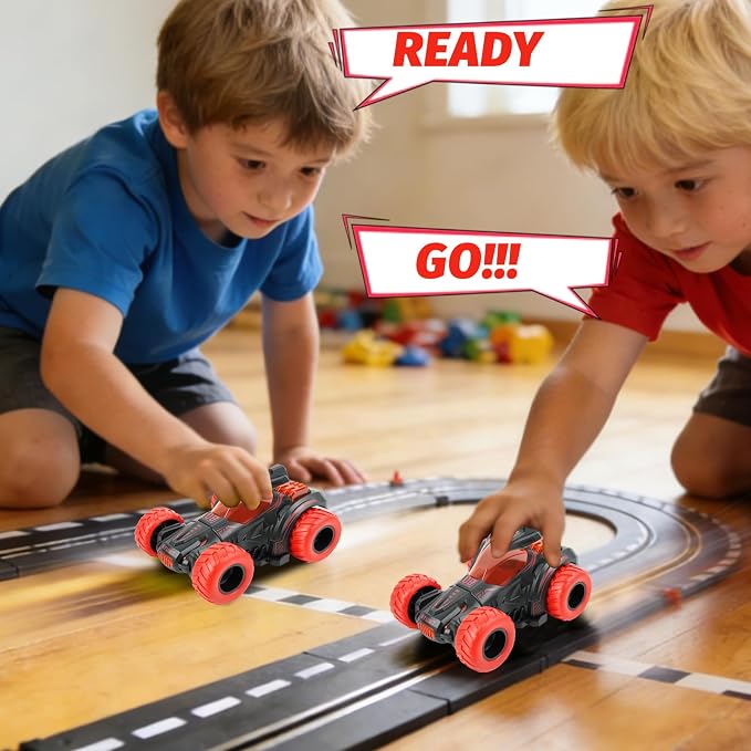 Friction Powered Flip Stunt Car, Push and Go Toy Car with 360° Upright Spin, Dual-Sided Rotating Off-Road Vehicle, Toy Car for Boys & Girls Ages 3+, No Batteries Required, (Red)