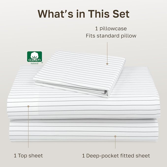 California Design Den Soft 100% Cotton Twin Size Bed Sheets Set, 400 Thread Count Good Housekeeping Award Winner, Smooth Sateen Finish, Cozy and Durable Twin Bedding Set - Pinstripe