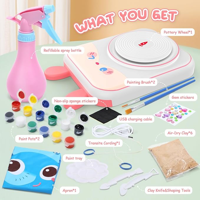 Skirfy Pottery Wheel for Kids Art Crafts Kits for Kids Ages 6-8 9-12 Clay Sculpting Tools & Painting Kit,Birthday Thanksgiving Christmas Gift Girls Toys 8-10,DIY Kits Clay Maker for Beginners