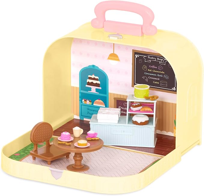 Li'l Woodzeez – Pastry Shop Playset – Compact Travel Suitcase Dollhouse – Furniture & Accessories Included for Pretend Play – Kid's Toy 3+ Years