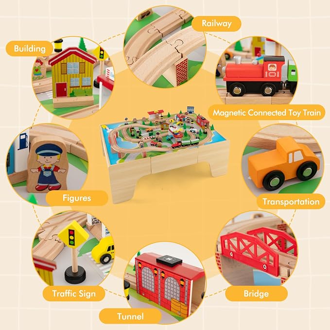 HONEY JOY Train Table, Wooden Kids Activity Table with Storage, 84 Multicolor Pieces, Tracks, Trains, Cars, Toddler Toy Train Table Set w/Reversible Tabletop, for Boy Girl Ages 18 Months+, Natural