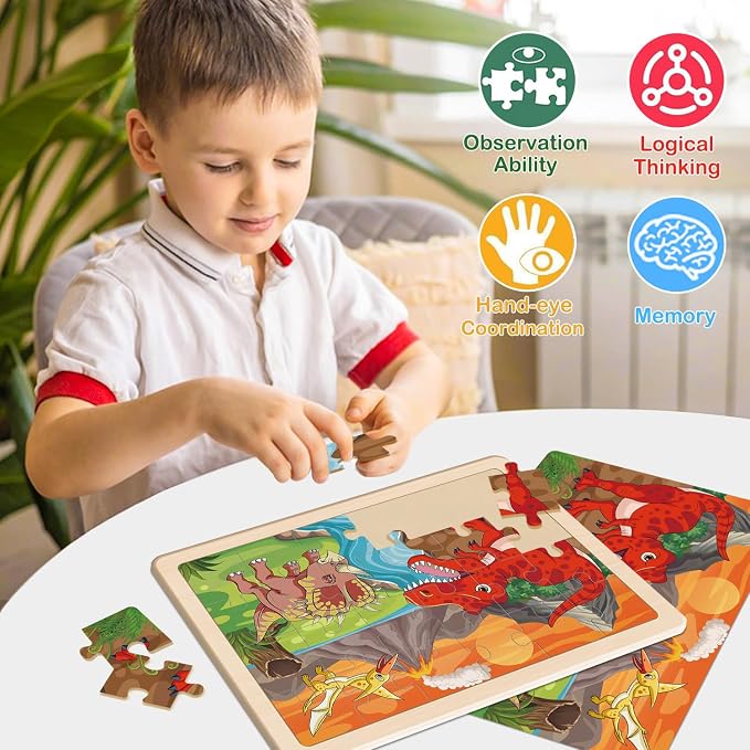 Puzzles for Kids Ages 4-6, Dinosaur Wooden Puzzles, 4 Packs 24 Pieces Puzzles for Kids Ages 3-5, Preschool Educational Toys Gifts for Boys and Girls
