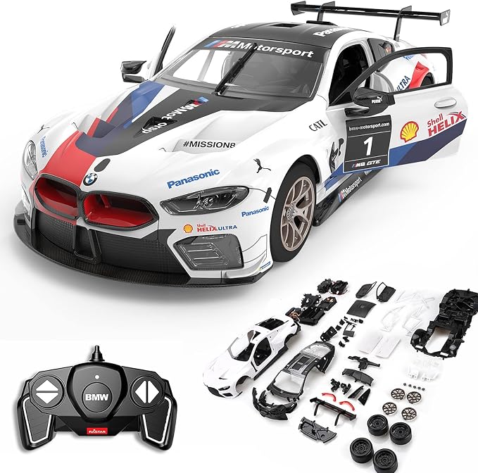 RASTAR Build Your Own RC Car BMW M8 GTE Kit with Remote, Motor & DIY Decals | Officially Licensed, Ideal Gift, 74PCs 1/18 Scale RC Model Car Building Kit with Openable Doors & Working Lights, 97200