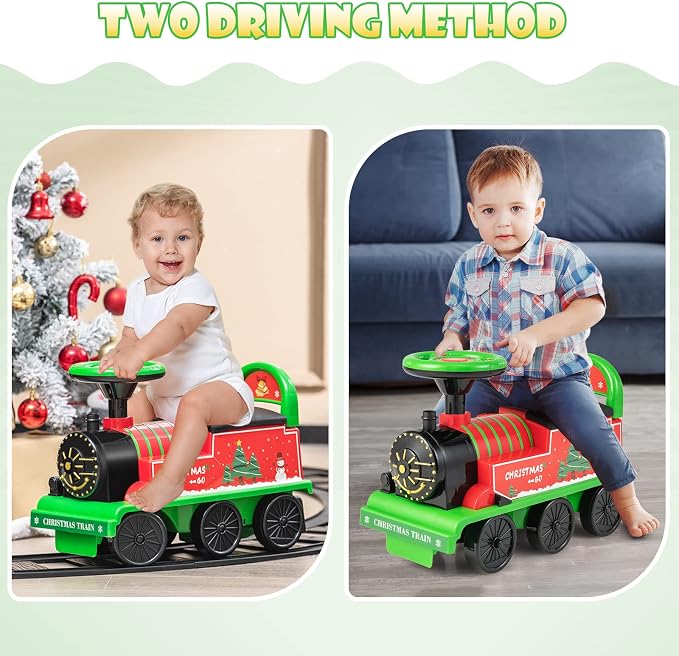 OLAKIDS Kids Ride On Train with Track, 6V Electric Toy with Lights and Sounds, Retractable Footrest, Under Seat Storage, Christmas Theme Battery Powered for Toddlers Boys Girls (1 Seater, Christmas)
