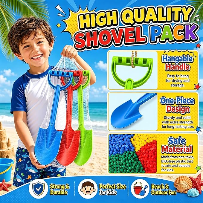 16" Beach Shovel Spade Scoop Sandbox Toy, Heavy Duty Shovel Garden Digging Sand Toy for Adults, Water Pool Bathtub Toy for Kid 4-8 8-12 Gift, Summer Vacation Camping Travel Essential - Blue Red Green