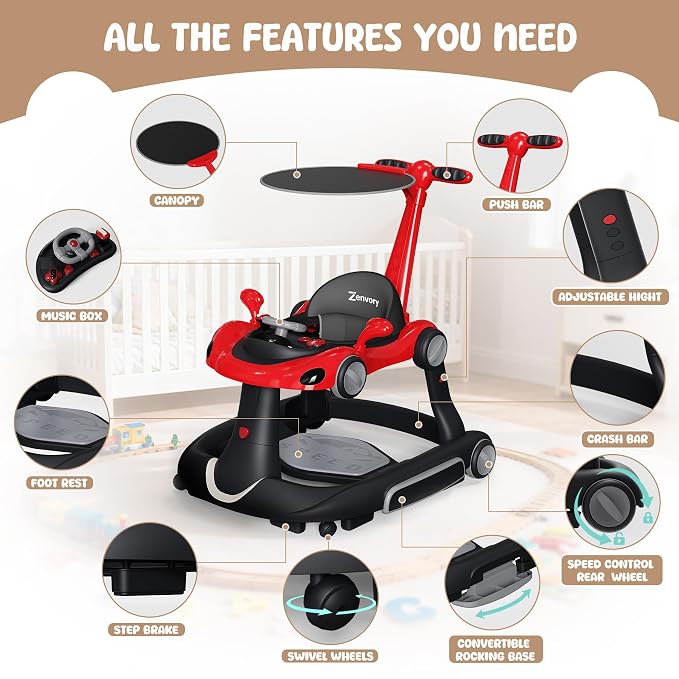 6-in-1 Foldable Baby Walker Activity Center Bouncer Rocker 6-18 Mons