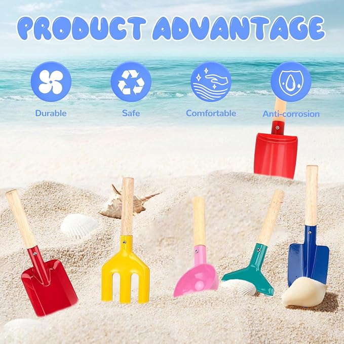 8'' Kids Gardening Set, 6 Pcs Beach Toys, Kids Metal Sand Toys Sandbox Toys, Children Sand Toys Gardening Set with Sturdy Wooden Handle, Beach Shovels for Kid Ages 3-8