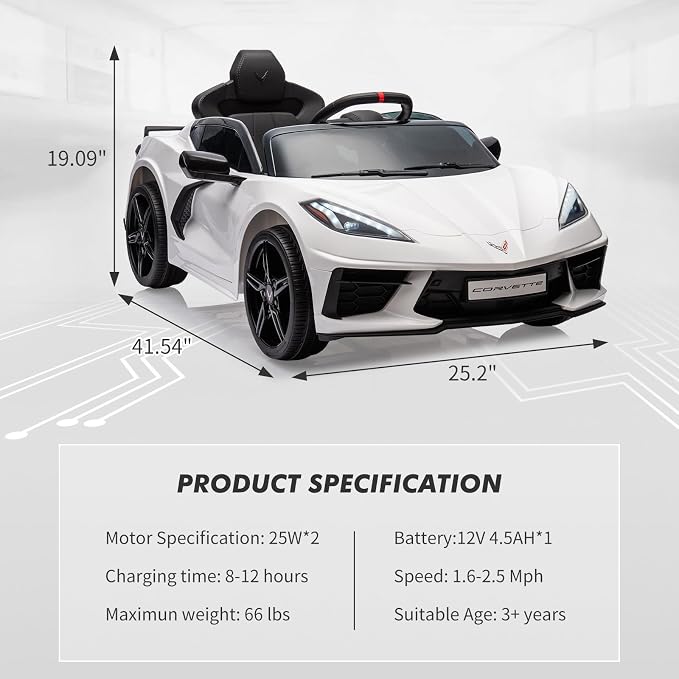 Garvee 12V Kids Ride on Car Licensed Corvette Toddlers Electric Sports Car Ride on Toy with Remote Control, Visual Dashboard, LED Lights, Music for Boys & Girls, White