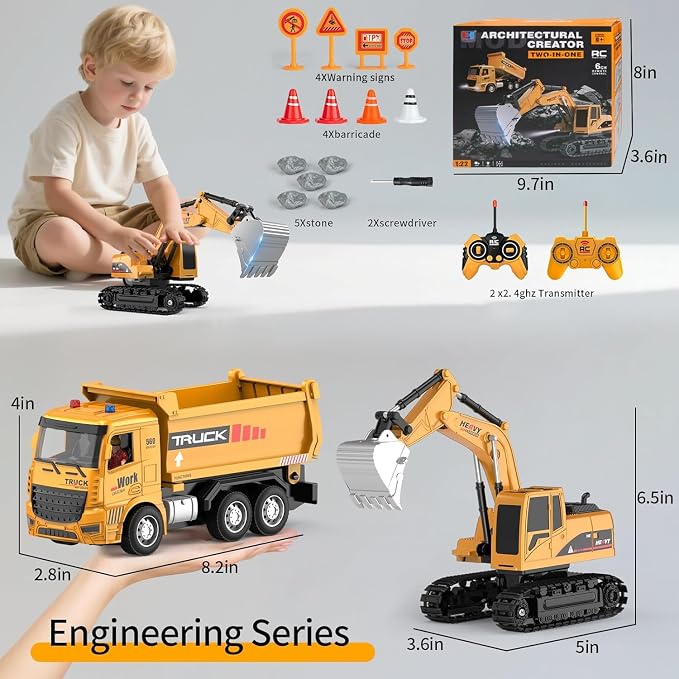 MQDMINI Remote Control Excavator and Dump Truck Toy Set - RC Construction Vehicles Toy with Barricades, Road Signs, Simulated Rocks, Lights and Sounds, Present for Toddlers 3-12 Year Boys Girls