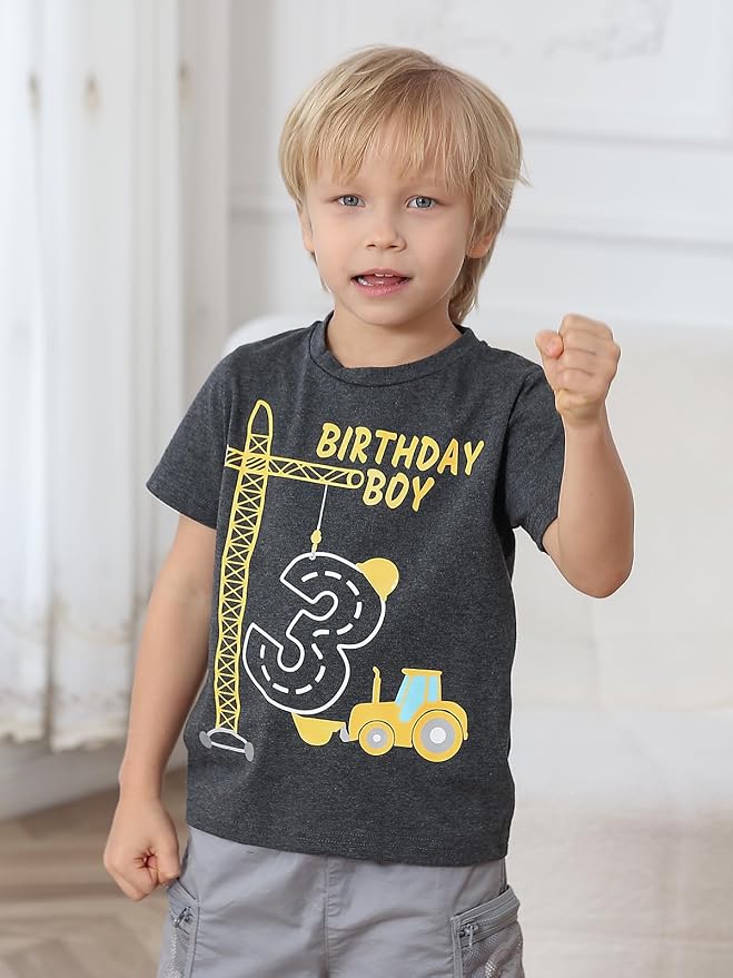 Lovekider 2-5 Years Birthday Boy Shirt Construction Party T-Shirts Excavator Cotton Short Sleeve Tee Dark Grey