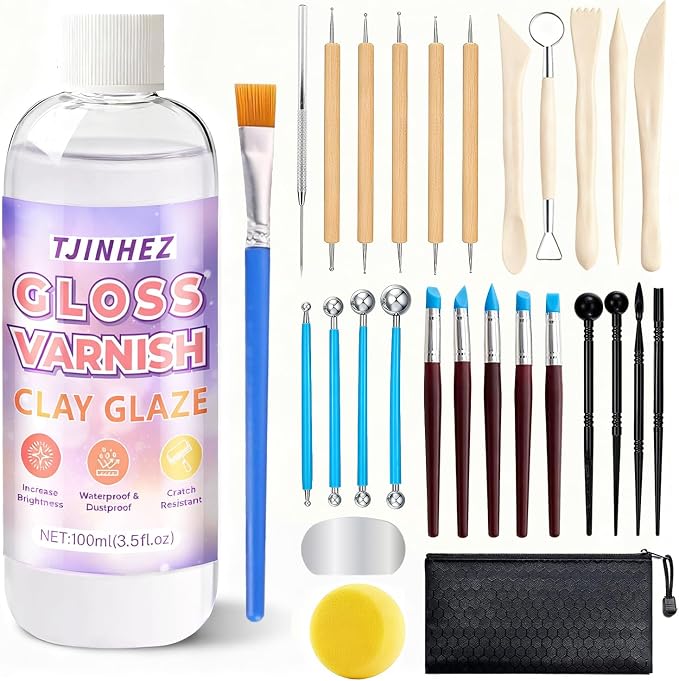 100ml Air Dry Clay Glaze and 29pcs Clay Tools Kit - Waterproof Scratch-Resistant Gloss Varnish Protects from Wear/Cracking, Pottery Tools for Stippling, Carving, Molding & Shaping Clay Crafts