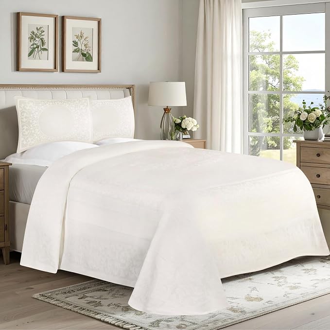 Superior Cotton Blend Bedspread Set, Includes 1 Tailored Bedspread and 2 Matching Pillow Shams, Lightweight Blanket, Bedding Decor, Jacquard Vintage Floral Mandala, Lyron Collection, King, Off-White