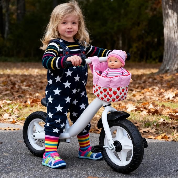 BABESIDE Doll Bike Seat for 12 Inch Dolls, Strawberry Doll Carrier for Kids Bike and Scooter, Baby Doll Accessories for Outdoor Play, Doll Bicycle Seat Gift for Girls Age 3+