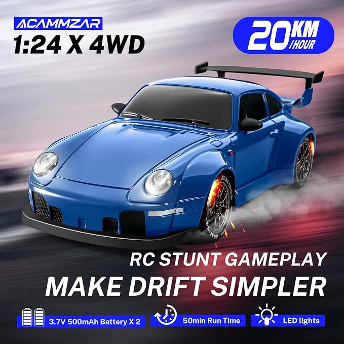 ACAMMZAR RC Drift Car, 1:24 Remote Control Car for Kids, 20KM/H 4WD High Speed RC Cars with LED Lights, Two Batteries, Extra Drifting Tires, Vehicle for Adults Boys Girls, Blue