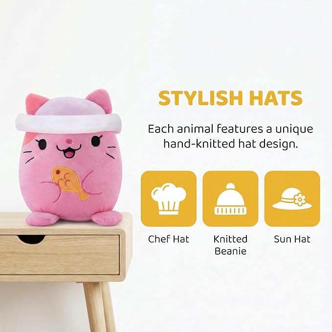 AIXINI Animal Plush Toys Set - Panda, Brown Bear, Bunny, Corgi, Pink Cat with Cute Hats, Soft Stuffed Animals for Kids, Christmas Birthday Gifts (Five-in-one, Medium Size)