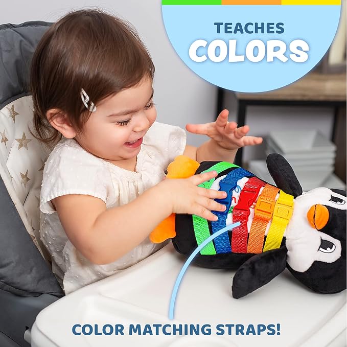 Buckle Toy - Blizzard Penguin Stuffed Animal - Montessori Learning Activity Toy - Develop Motor Skills and Problem Solving - Counting and Color Recognition - Kids Airplane Travel Accessories