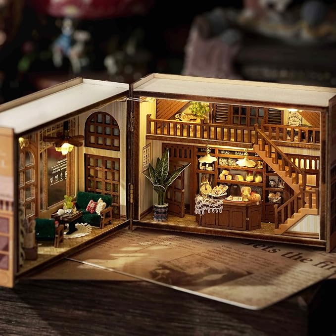 TuKIIE DIY Miniature Dollhouse Kit with Furniture, 1:32 Scale Opened & Closed Mini Cube Wooden Doll House Book Nook Creative Room for Kids Teens Adults(Bagel Time)