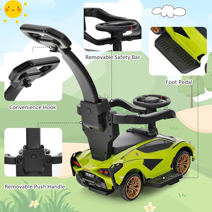 INFANS 3 in 1 Ride on Push Car, Licensed Lamborghini Baby Stroller Sliding Walking Car with Push Handle, Music, USB, Headlight, Under Seat Storage, Kids Foot-to-Floor Toy for 18-60 Months (Green)