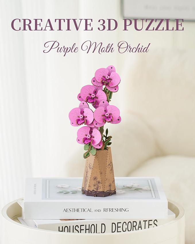 ROBOTIME 3D Puzzle Purple Moth Orchid TW091, DIY Wooden Flower Craft, Artificial Flowers Model Kit to Assemble for Adults, Home Decoration and Valentine's Day Toy Gift Set