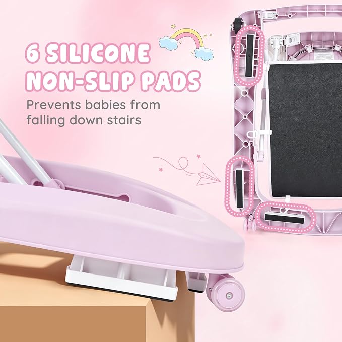 Baby Walker with Wheels, 5-in-1 Foldable Push Walker for Baby Girls 6-12 Months, Baby Walker & Bouncer Combo, Adjustable Height, Music Light Infant Activity Center Bouncer Walker(Pink)