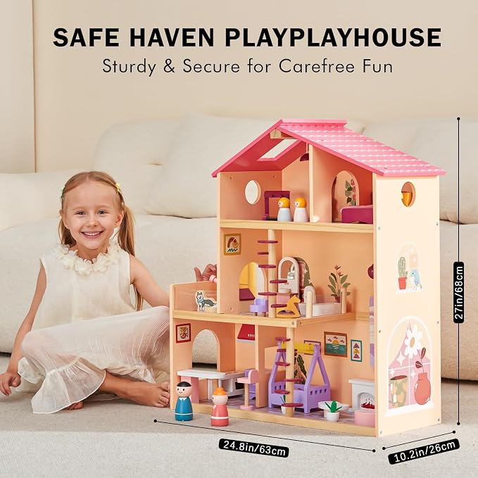 Wooden Doll House with 53Pcs Furniture Doll House, 6 Rooms Toddler Dollhouse Includes Spiral Wooden Staircase and Balcony, Modern Family Dollhouse with Realistic Design Gift for Ages 3+ Pink