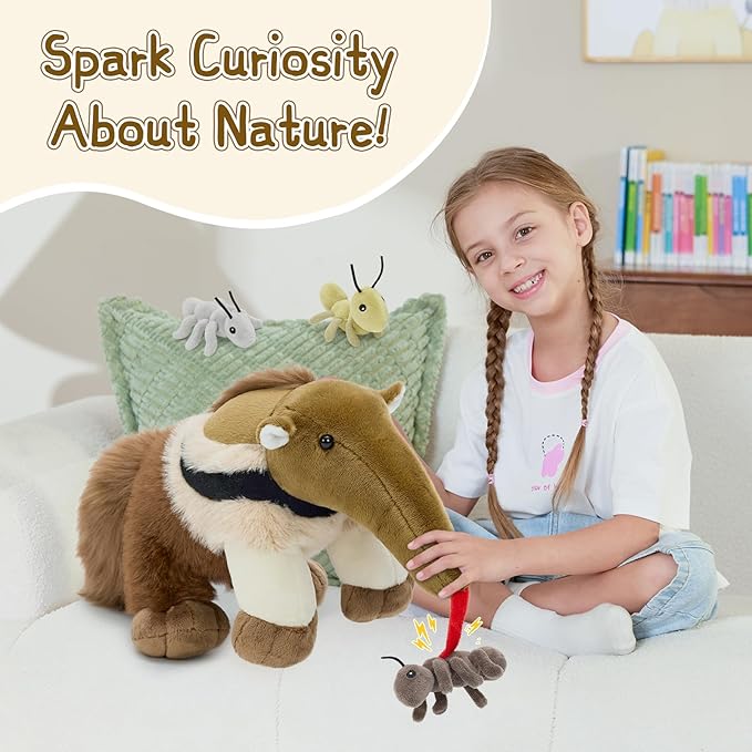Muiteiur Magnetic Anteater Plush Toy for Toddlers - Interactive Stuffed Animal Feeding Game with 3 Ants, 17.7 Inch Wildlife Adventure Toy, Birthday Gift for 3+ Year Old Kids Bedroom Decor