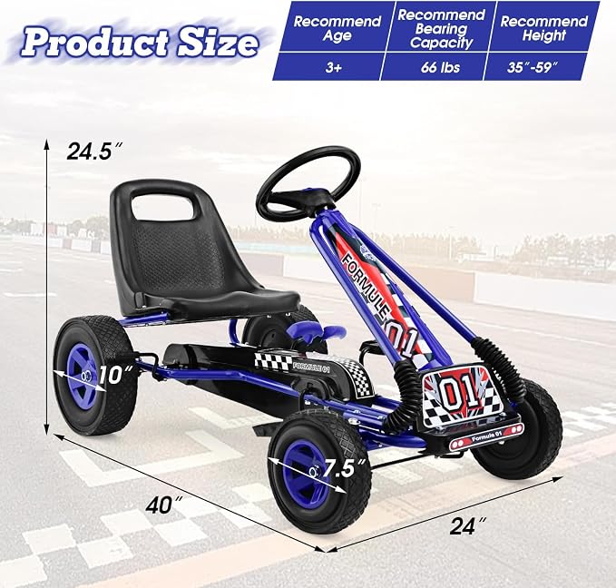 Costzon Go Kart for Kids, 4 Wheel Off-Road Pedal Go Cart w/Adjustable Seat, Steering Wheel, 2 Safety Brakes, EVA Tires, Ride-On Toys, Outdoor Racer Pedal Car (Blue, 40" L x 24''W x 24.5''H)