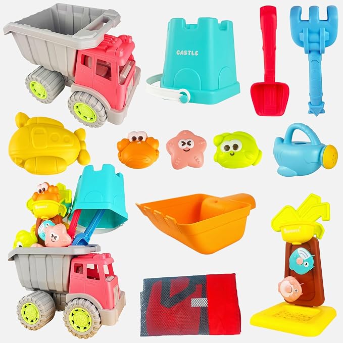 IOKUKI Sand Toys with Extra Large Mesh Bag Including Dump Truck, Sand Water Wheel, Beach Buckets, Shovels, Rakes, Molds, Outdoor Beach Toys Tool Kit for Kids, Toddlers, Boys and Girls (12 PCS) Age 3+